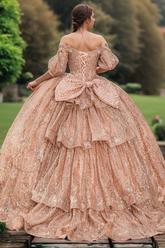 Rose Gold Ball Gown Off-Shoulder 3D Butterfly & Glitter Tulle Quinceanera Dress for Sweet 16 & Birthday Parties